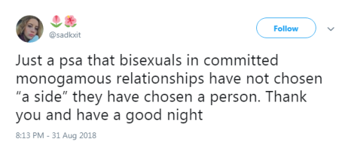 “Just a psa that bisexuals in committed monogamous relationships have not chosen “a side