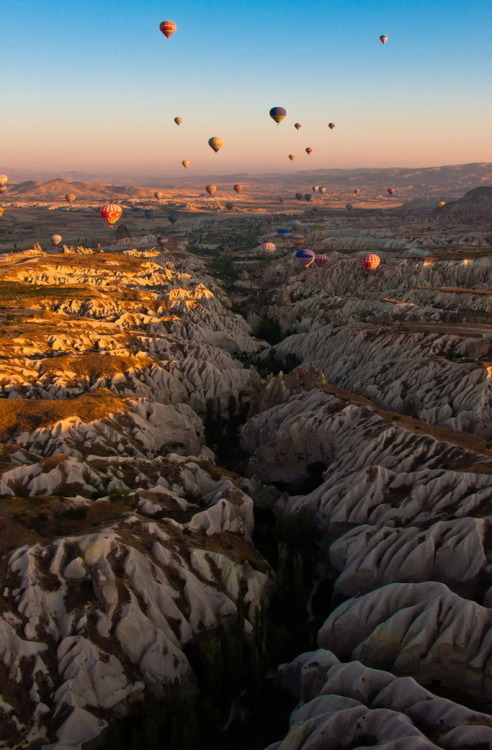 View of the Rose Valley in Cappadocia at sunrise, Turkey (by guillenperez).