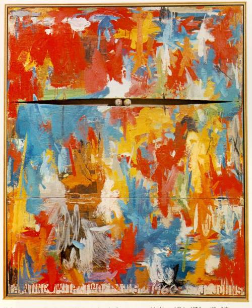 transitionalintellectual:Jasper JohnsPainting with Two Balls, 1960Encaustic and Collage on Canvas wi
