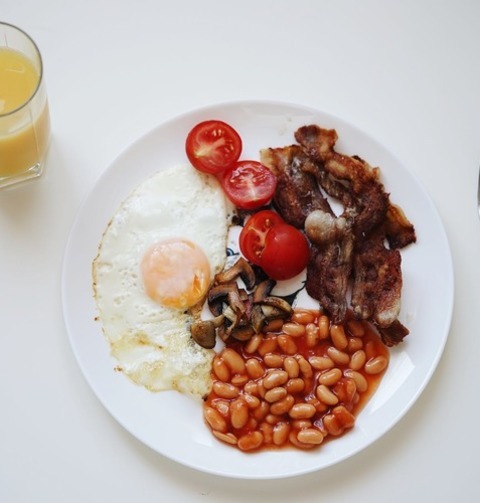 Fried Eggs, Beans, Mushrooms, Cherry Tomatoes And Bacon Breakfast Recipe