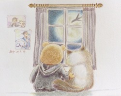 mitty3000:House sitting Waiting for their master’s return ご主人様の帰りを待つオタベアとピョーチャ Color pencil drawing