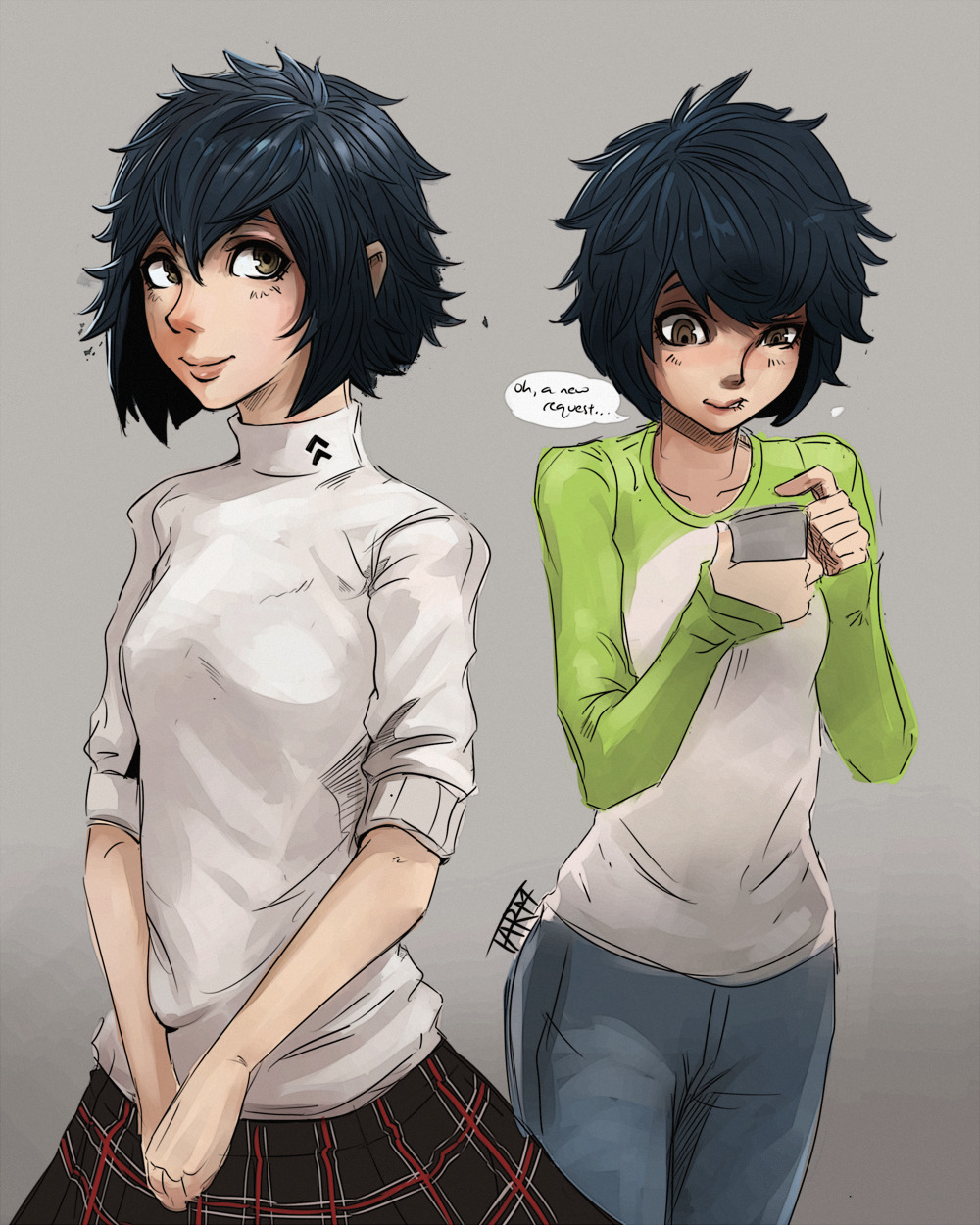 tarmillustrates:  Decided to draw a female version of Mishima from Persona 5 because