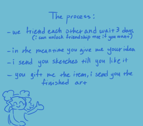 The process:
- we friend each other and wait 3 days (i can unlock friendship tree if you want)
- in the meantime you give your idea
- i send you sketches till you like it
- you gift me the item, i send you the finished art