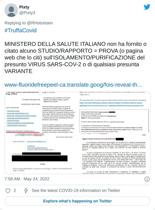 #TruffaCovid  MINISTERO DELLA SALUTE ITALIANO non ha fornito o citato alcuno STUDIO/RAPPORTO = PROVA (o pagina web che lo citi) sull’ISOLAMENTO/PURIFICAZIONE del presunto VIRUS SARS-COV-2 o di qualsiasi presunta VARIANTE https://t.co/xFquUxe067 pic.twitter.com/INpbrHaa5D  — Pixty (@Pixty3) May 24, 2022