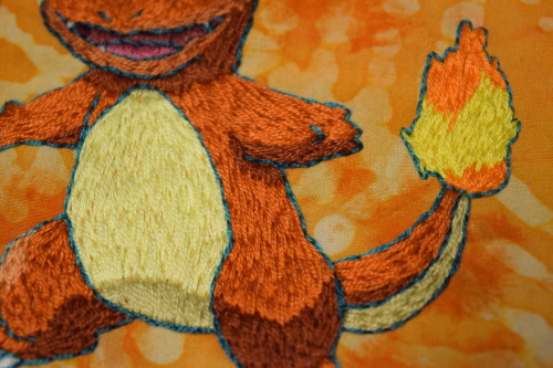 starling-stitchery:I finished all three starters!001, Grass/Poison-Type Bulbasaur004, Fire-Type Char