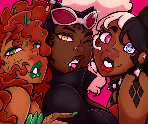 sweetusagijay:Gotham City Sirens![id: an illustration of the gotham city sirens. poison ivy is a bla