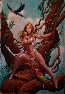 michaelallanleonard:  Shanna the She-Devil by Frank Cho &amp; Mark Texeira  That parrot looks extremely happy to be perched where he&rsquo;s perched! :P