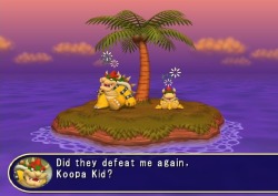 dzamieponders: suppermariobroth: During the ending to Mario Party 7, Bowser and Koopa Kid fall onto an island. Moving the camera during this scene reveals that Player 1′s character is standing behind the palm tree in the middle of the island, hidden