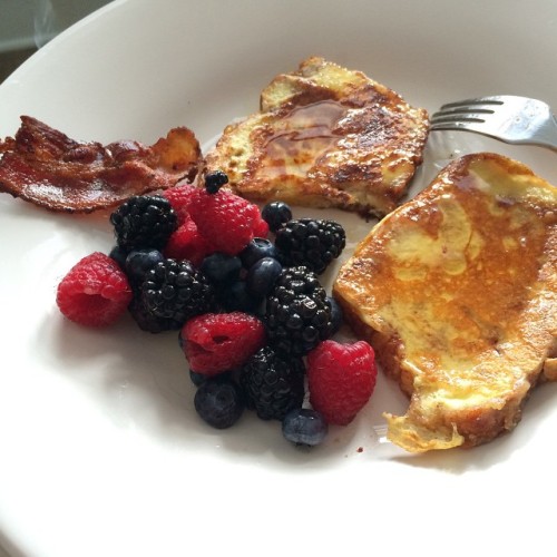 Cinnamon French toast. Applewood bacon and berries.