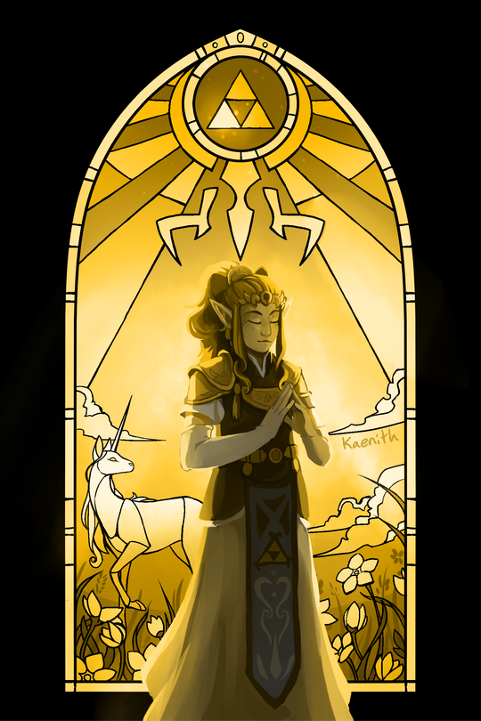 A drawing of Princess Zelda from Legend of Zelda: Four Swords. She is standing in front of a stained-glass window depicting the Hylian Crest, golden sunlight, a field of wildflowers, and a unicorn.