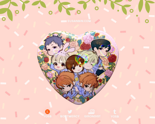 the ouran buttons are FINALLY restocked!!! this batch of heart pin buttons has a special holographic