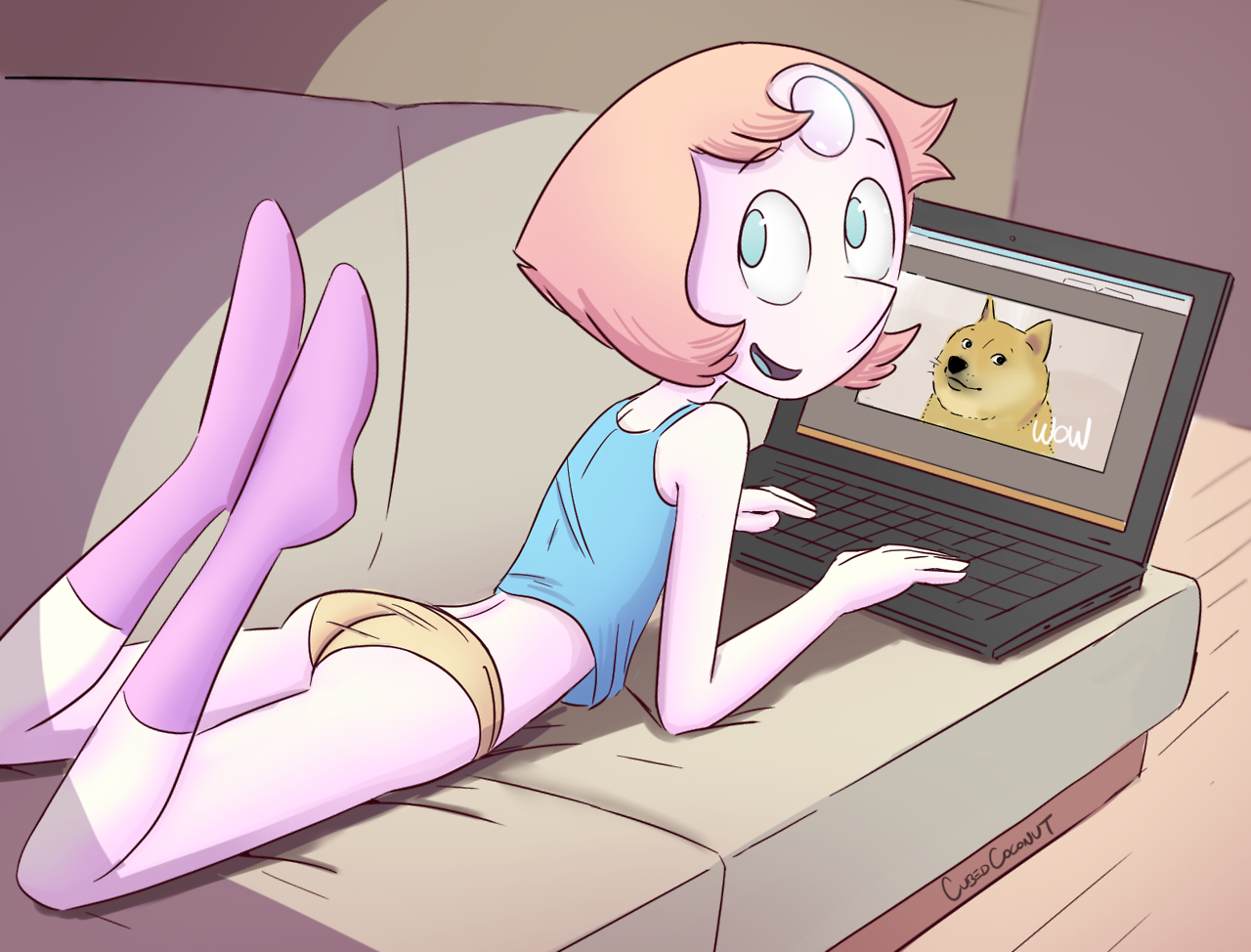 Pearl discovers memesClick here for an edit-friendly version with transparent laptop