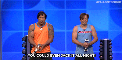 fallontonight:  Little-known fact: Jimmy and Dwayne Johnson used to have pretty serious careers as fitness instructors. Part 1 / Part 2  I see them biceps Jimmy