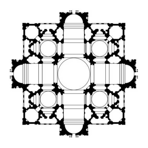 Donato Bramante, the parchment planfor St. Peter’s, 1505. Uffici, Florence. The design is base