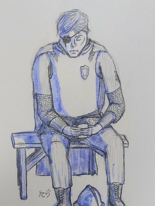 A drawing made in pencil with shadows drawn with light purple highlighter. It depicts Sam Vimes, a light-skinned man with short hair and an eyepatch covering his right eye. He is sitting on a wooden bench, looking solemnly at some rectangular object held in his hands. He is wearing a metal breastplate with a shield-shaped badge on the chest and a cape attached to the shoulders. Under it he has a short-sleeved fabric garment of some kind with a partially obscured rank marking on the left shoulder. Under that he has a chainmail shirt. He wears boots on his feet. A metal helmet is placed on the ground between his feet. 