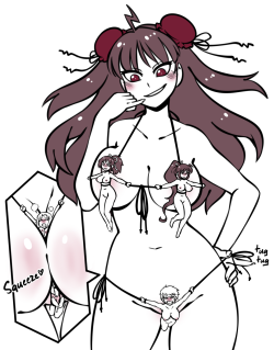 nyxondyx:  Commission of a giant Renka wearing Asuka, Homura, Miyabi and Yumi as a bondage bikini I miss drawing Senrans 