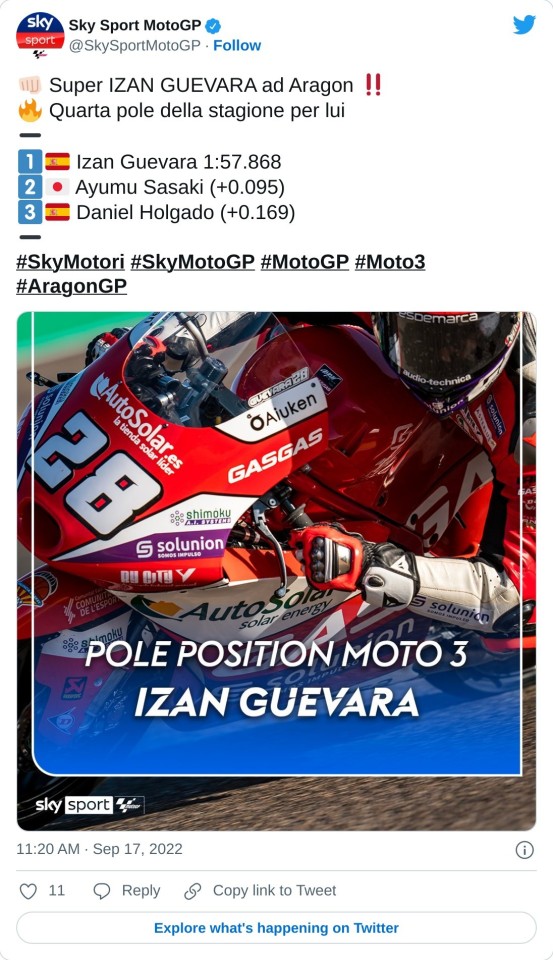 👊🏻 Super IZAN GUEVARA ad Aragon ‼️ 🔥 Quarta pole della stagione per lui  ➖ 1️⃣🇪🇸 Izan Guevara 1:57.868 2️⃣🇯🇵 Ayumu Sasaki (+0.095) 3️⃣🇪🇸 Daniel Holgado (+0.169) ➖#SkyMotori #SkyMotoGP #MotoGP #Moto3 #AragonGP pic.twitter.com/vHz1TpzJkA  — Sky Sport MotoGP (@SkySportMotoGP) September 17, 2022