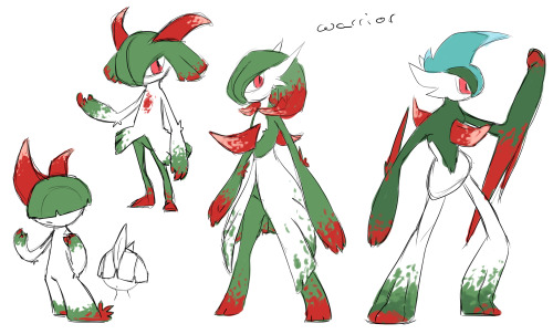 nsupremdrawings:  Ralts family variations~People usually train the warrior breed to obtain  powerfull   and combatant Gallades, but even Gardevoir can be used very efficiently in physical combat. This subspecie is active and violent and it is not