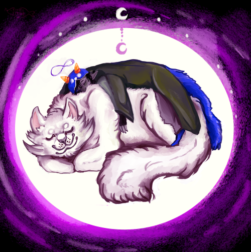 Power nap[Id: Drawing of Nepeta Leijon and her lusus Pounce de Leon sleeping. Pounce is a cat-like b