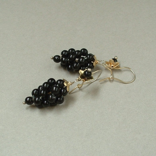 Antique Victorian EARRINGS Black Jet GRAPES Gold Gilt Silver Mourning Jewelry c.1900s