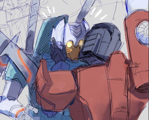 coloured sketch of perceptor surprise kissing brainstorm , who has his mask on.