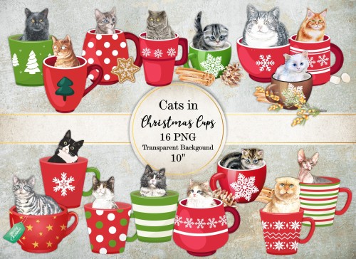 Winter Holiday Christmas Cups with Cats by PompadourAtelier The set includes 16 different cats in Ch