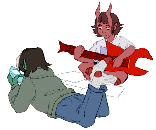bandmates [ID: a drawing of gorgug and fig from fantasy high. gorgug is a half-orc with green skin and a flop of dark hair, with...