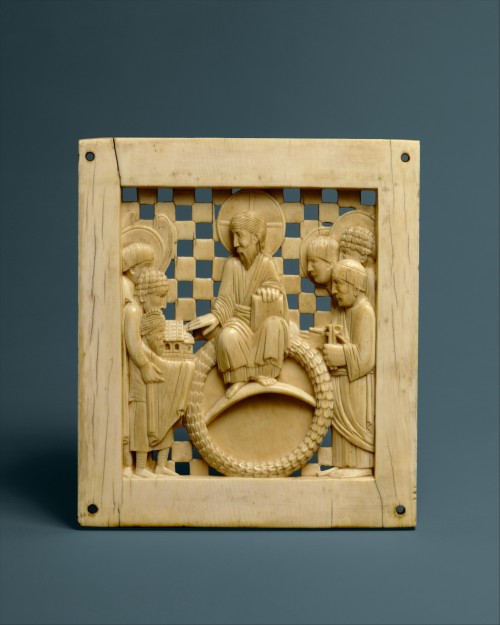 historyarchaeologyartefacts:Ivory plaque of an enthroned Christ receiving Magdeburg Cathedral as a g