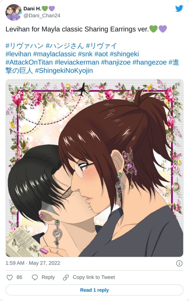 Levihan for Mayla classic Sharing Earrings ver.#リヴァハン #ハンジさん #リヴァイ#levihan #maylaclassic #snk #aot #shingeki #AttackOnTitan #leviackerman #hanjizoe #hangezoe #進撃の巨人 #ShingekiNoKyojin pic.twitter.com/1UJQGy4FZf — Dani H. (@Dani_Chan24) May 27, 2022