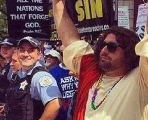 castielcampbell:fragile-fallen-angel:ya-boi-strider:Somebody needs to give that guy an awardHe just made that cop’s shitty day 10x better. He has to deal with grumpy, hateful protesters and then Jesus fucking shows up. jesus took the wheel and hauled