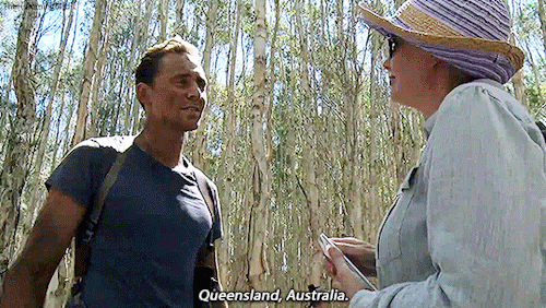 Tom Hiddleston contemplates sweat while filming Kong: Skull Island in Queensland, Australia (January