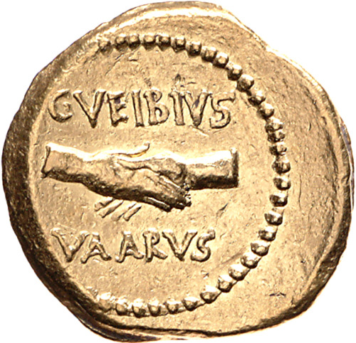 Roman Civil war propaganda (42 BCE)An aureus issued by money master Gaius Vibius Varus. Obverse:  Be