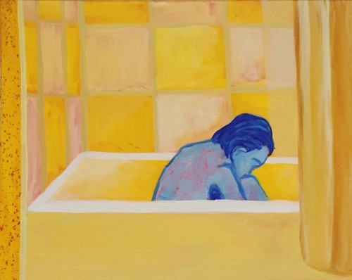 Bath Series No.1 titled: boy in bath dimensions: 40x50cm medium: acrylic, oil, and gold mica flakes 