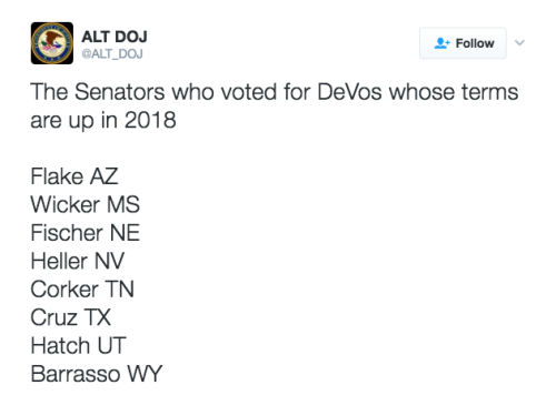 prochoice-or-gtfo:  refinery29:  Betsy DeVos has been confirmed by one vote as the Secretary of Education. Two Republican Senators voted against their party to protest DeVos Today, the Senate narrowly confirmed Betsy DeVos as Secretary of Education, with