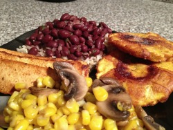 meadowwhispers:  I was missing my latin food last night and came up with this spicy concoction :) I did a traditional black beans &amp; rice (made the black beans with onion, garlic, cilantro, lime juice, salt &amp; pepper), tostones (twice fried green