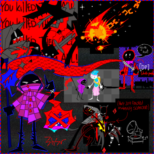 An image with 6 drawings on it. This description will be starting from top left to bottom right. The first drawing is of Wayward Vagabond and Bec noir. WV is very frightened, and Bec noir is saying in a textbox behind them "You killed them all". The second drawings is pixel art of Prosit's moon falling, similar to what's seen in the flash Descend. The third is a drawing of Warweary Villein. He's standing with his red flag and an angry expression. The forth is a very small drawing of Warweary Villean and Parcel Mistress holding hands. Both of them are wearing their pre-exile outfits, and are smiling. The sixth drawing is Draconian Dignitary dancing with Bec Noir. DD is wearing his work uniform with the gray cat ears, and Bec Noir's design was changed to include a harlequin hat. There is a jukebox next to them.