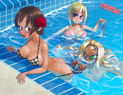 besthetz: Swimming pool shenanigans!Had a lot of fun working on this one, especially doing a little more with the background this time.I’ve made a higher-res version of this available here on my Patreon Commissions // Twitter // Pixiv // HentaiFoundry