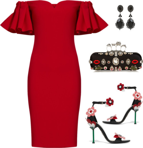 Ruby.  by thefashaenistafiles featuring strappy sandalsBadgley Mischka off the shoulder dress / Prad