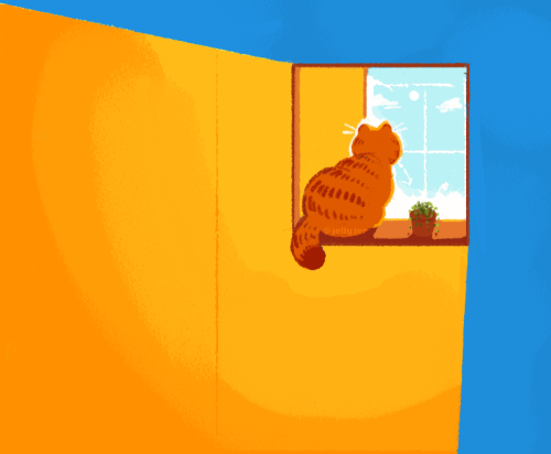 doorfus: weremy:melody [Image description: Art featuring Garfield sitting in a windowsill next to a 