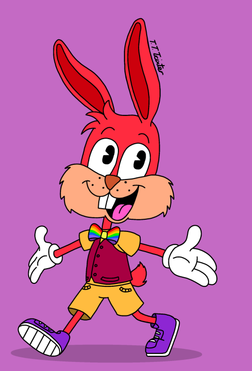A red Toon rabbit with a rainbow bow tie, dark red coat vest, yellow undershirt, white gloves, yellow shorts, and purple sneakers doing a pose similar to Roger Rabbit