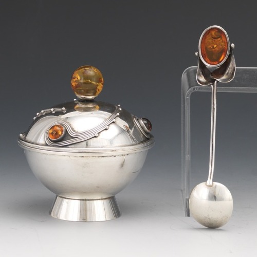 David-Andersen Sterling Silver and Amber Condiment Bowl with Spoon Norway, ca. 1888-1925