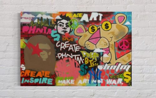 “Phntm, Best wishes.” 24 x 30 x 1in depth  Acrylic,spray paint, collage DM for pricing! 