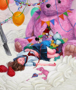 asylum-art:Kazuhiro Hori  Paintings InstagramThe paintings of Japanese artist Kazuhiro Hori deftly juggle between kawaii and creepy. Each piece represents one or more of these typical student in uniform installed in sweet universe filled with candy and