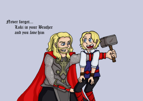 pcturtl: Thor and Loki interacting with their younger selves.