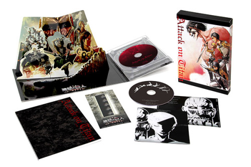 New look at the 1st SnK compilation film, Shingeki no Kyojin Zenpen: ~Guren no Yumiya~’s DVD/Blu-Ray packaging (Drawn by Isayama), the bonus merchandise, and the limited edition “Steel Book” bonus! (Source)The new illustration features