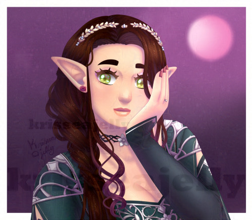 A bust-up digital drawing of an elf girl with rich brown hair partially tied into a side braid with a subtle purple-pink ombre on the shorter pieces. She has pale skin and green eyes- both her skin and hair has some iridescent sparkle to it. She has a vine-themed choker with a flower on it and vine/leaf/flower filigree on her shoulders and chest. Otherwise, her sleeves and top are predominantly green. She has a laurel-like crown on her head.