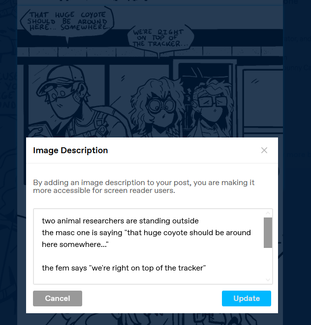 a screen shot of the image description field, with the script for a cell of the comic in it.