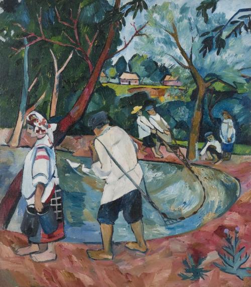 oncanvas:Fishers (Pond), Natalia Goncharova, 1909Oil on canvas46 x 40 ⅜ in. (116.8 x 102.6 cm)The Me