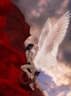 dream2bu:  Deep within us, Lies a devil and an angel. Whose purpose, Causes paths to cross. And on those rare occasions, When they meet Somewhere between  Heaven and hell. There’s an odor  Of feathers and brimstone,  Permeates the air. For their love