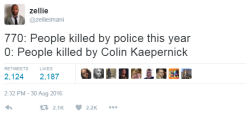 bellygangstaboo:    Folks upset as if Colin Kaepernick was out here killing people without accountability or punishment.  